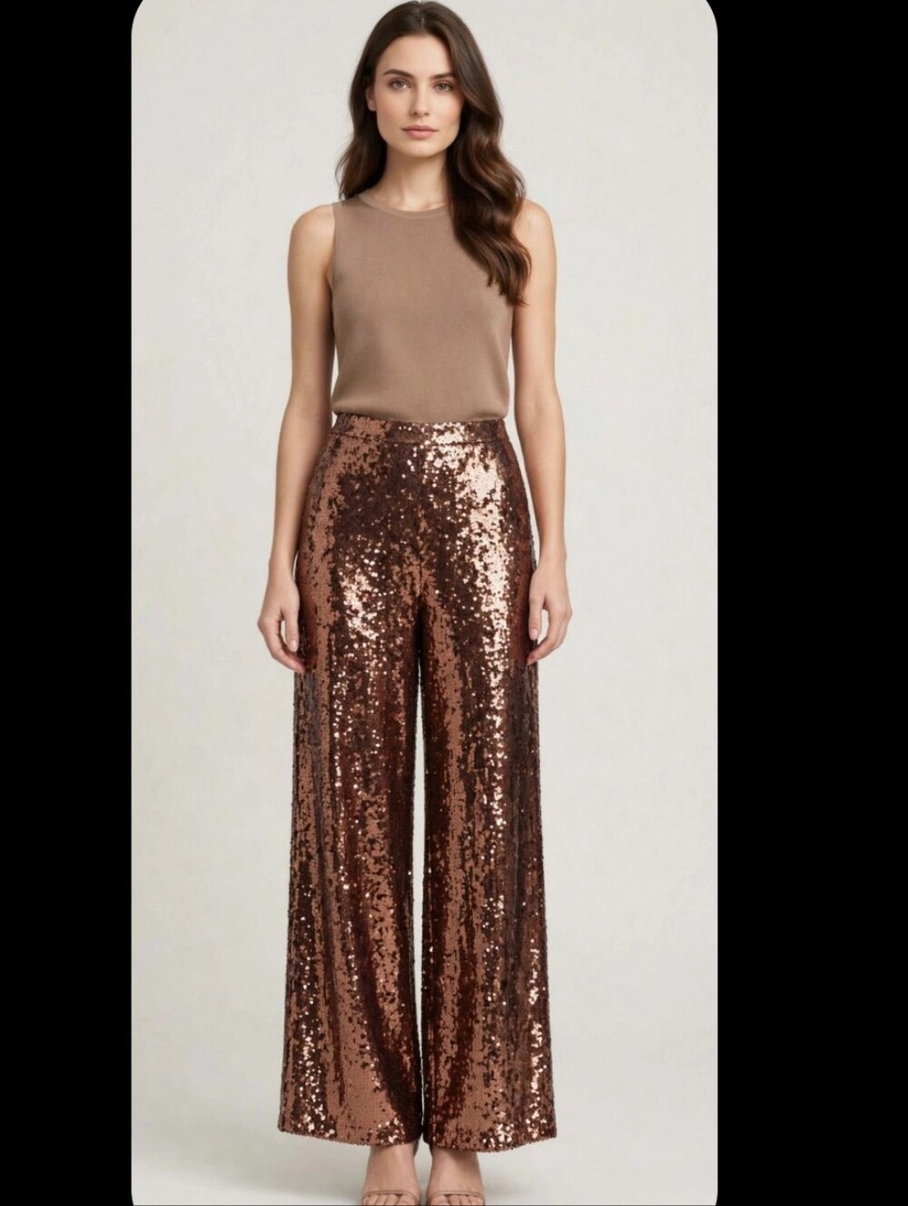 ​CHICME Bronze Sequin Wide Leg Pants Size L Sparkly Party Disco Cropped Glam